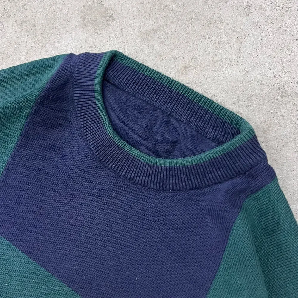 Vintage Large Checkered Square Geometric Pattern Creneck Sweater Navy Green M